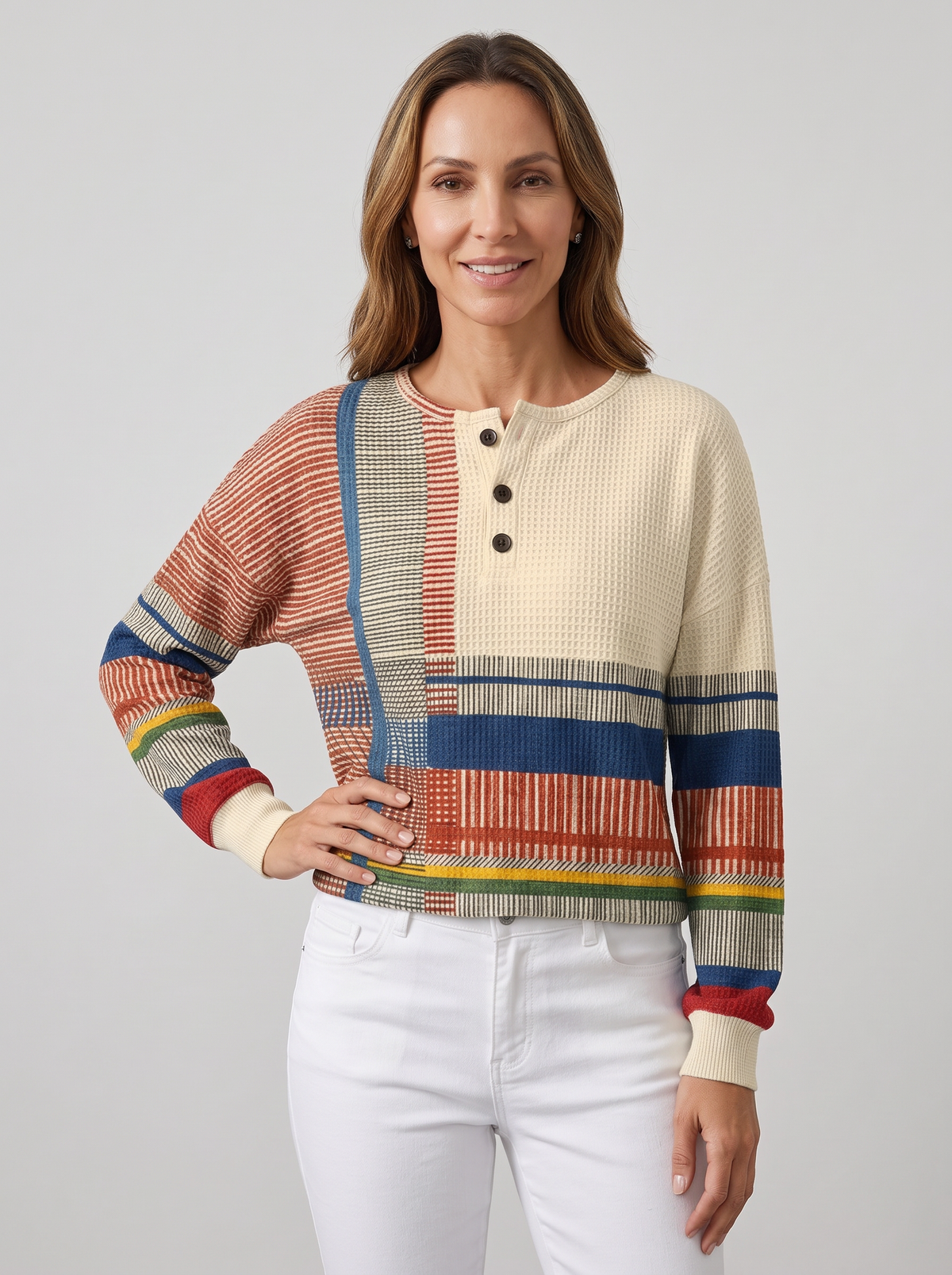 Women's Waffle Knit Henley Jumper – Relaxed Long Sleeve