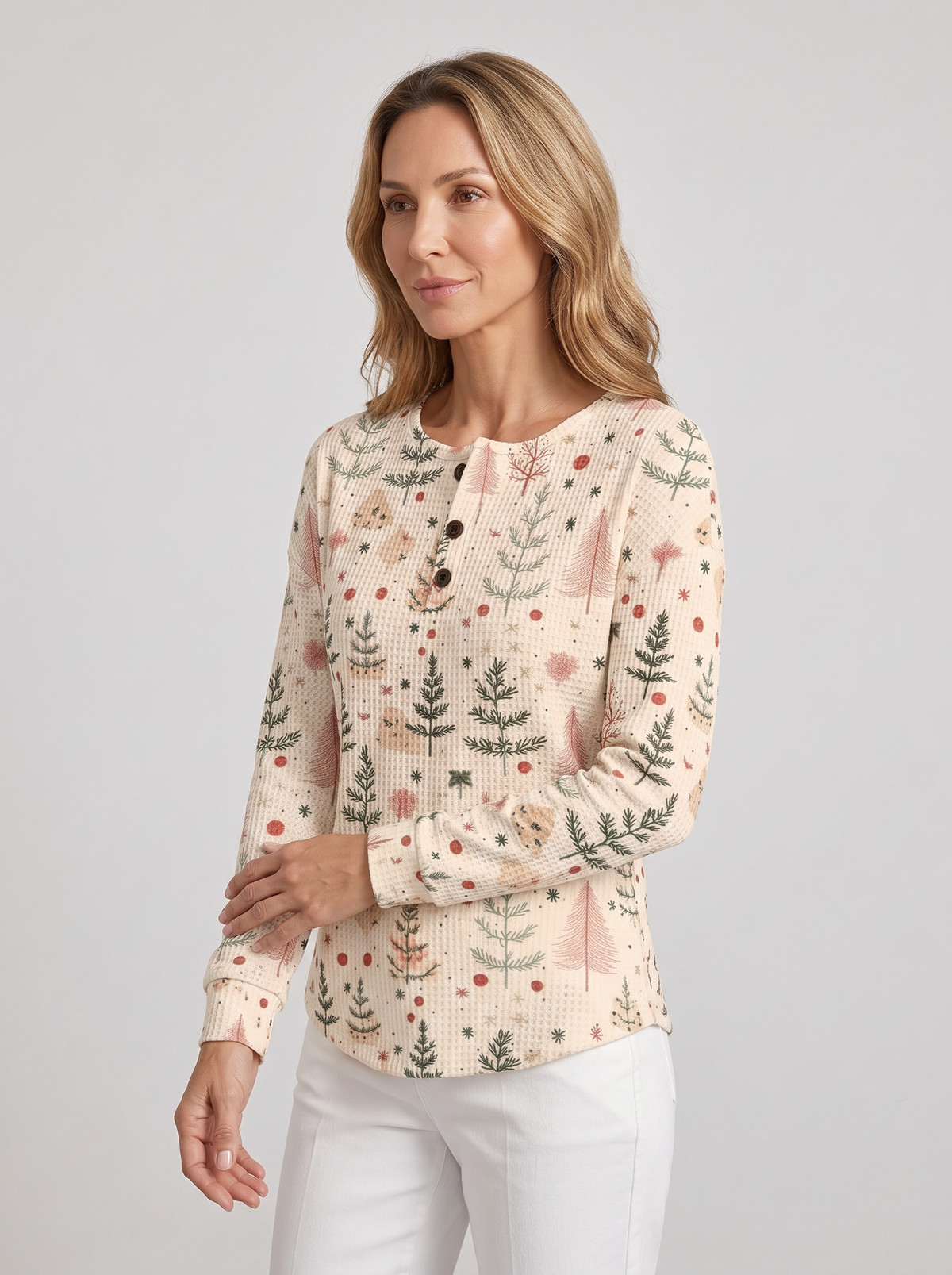Women's Waffle Knit Henley Jumper – Relaxed Long Sleeve