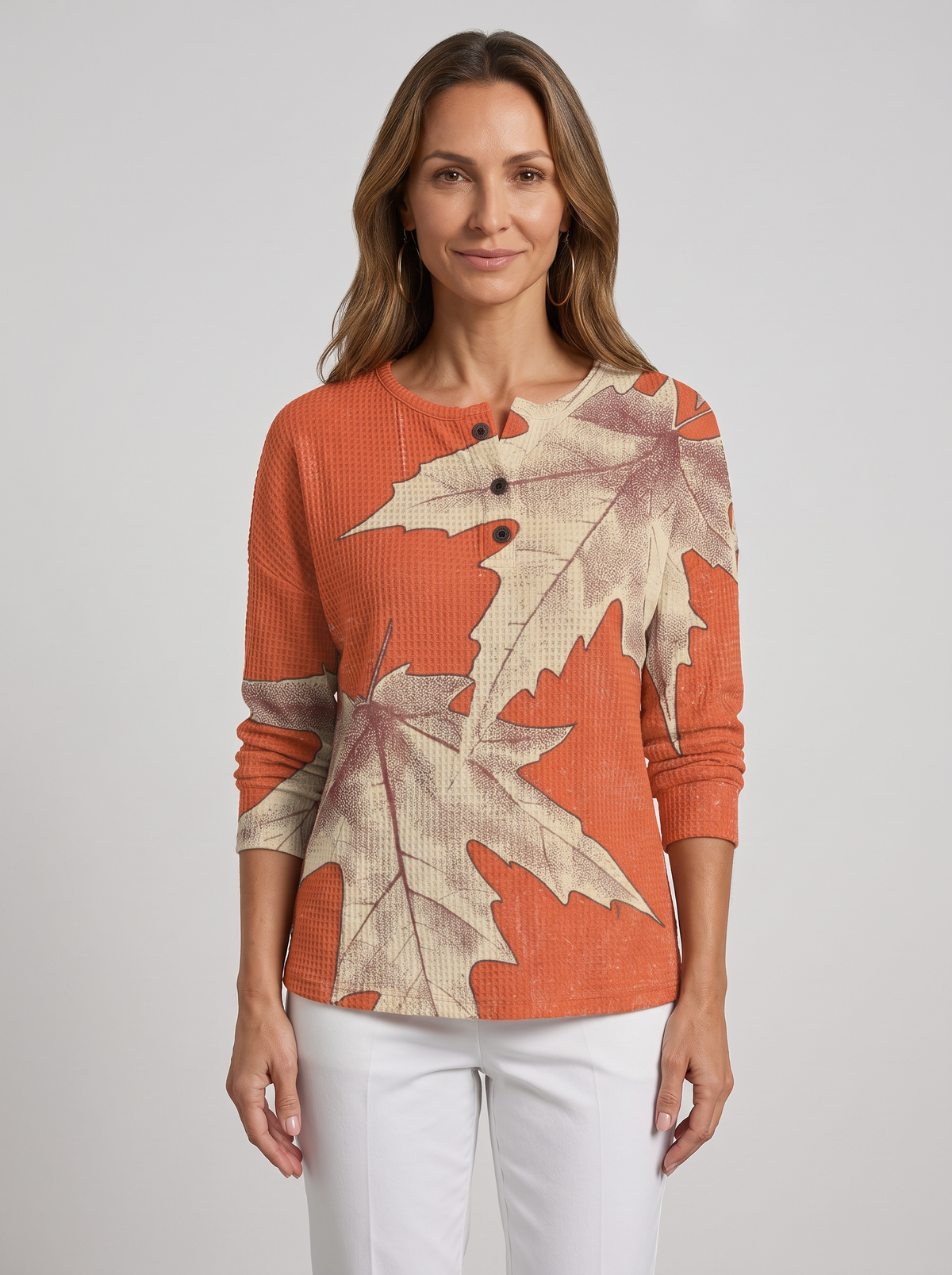Women's Waffle Knit Henley Jumper – Relaxed Long Sleeve