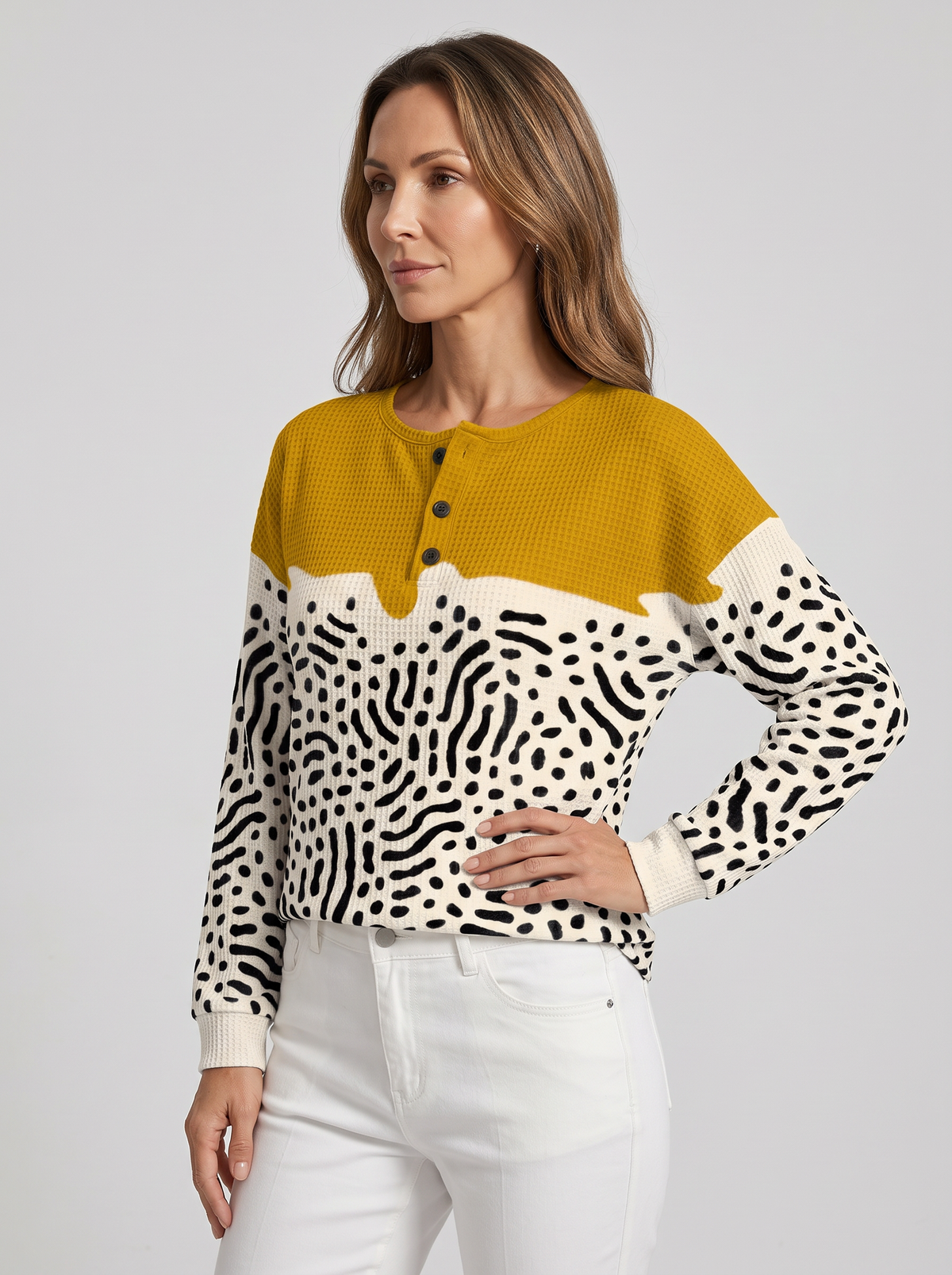 Women's Waffle Knit Henley Jumper – Relaxed Long Sleeve