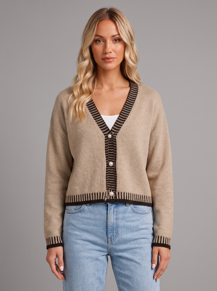 Women's Cropped Cardigan – V-Neck Button Up Knit with Contrast Trim