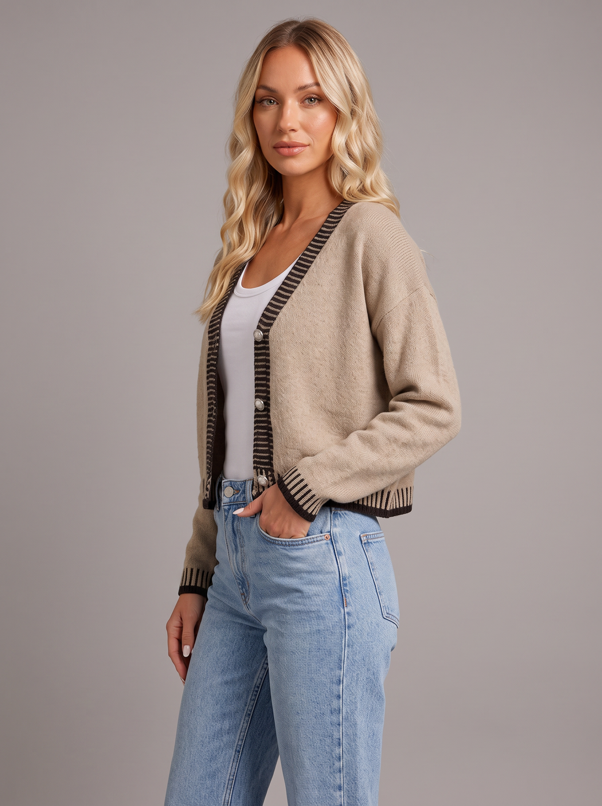 Women's Cropped Cardigan – V-Neck Button Up Knit with Contrast Trim
