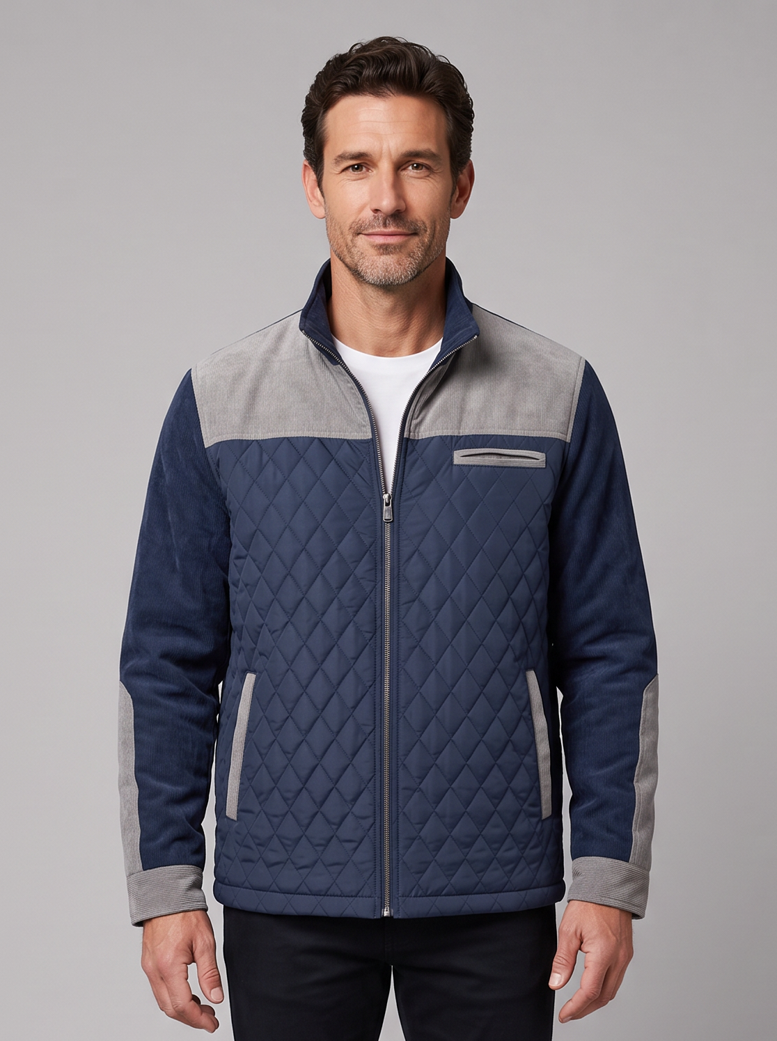 Men's Quilted Jacket – Diamond Quilted Stand Collar Jacket with Contrast Panels