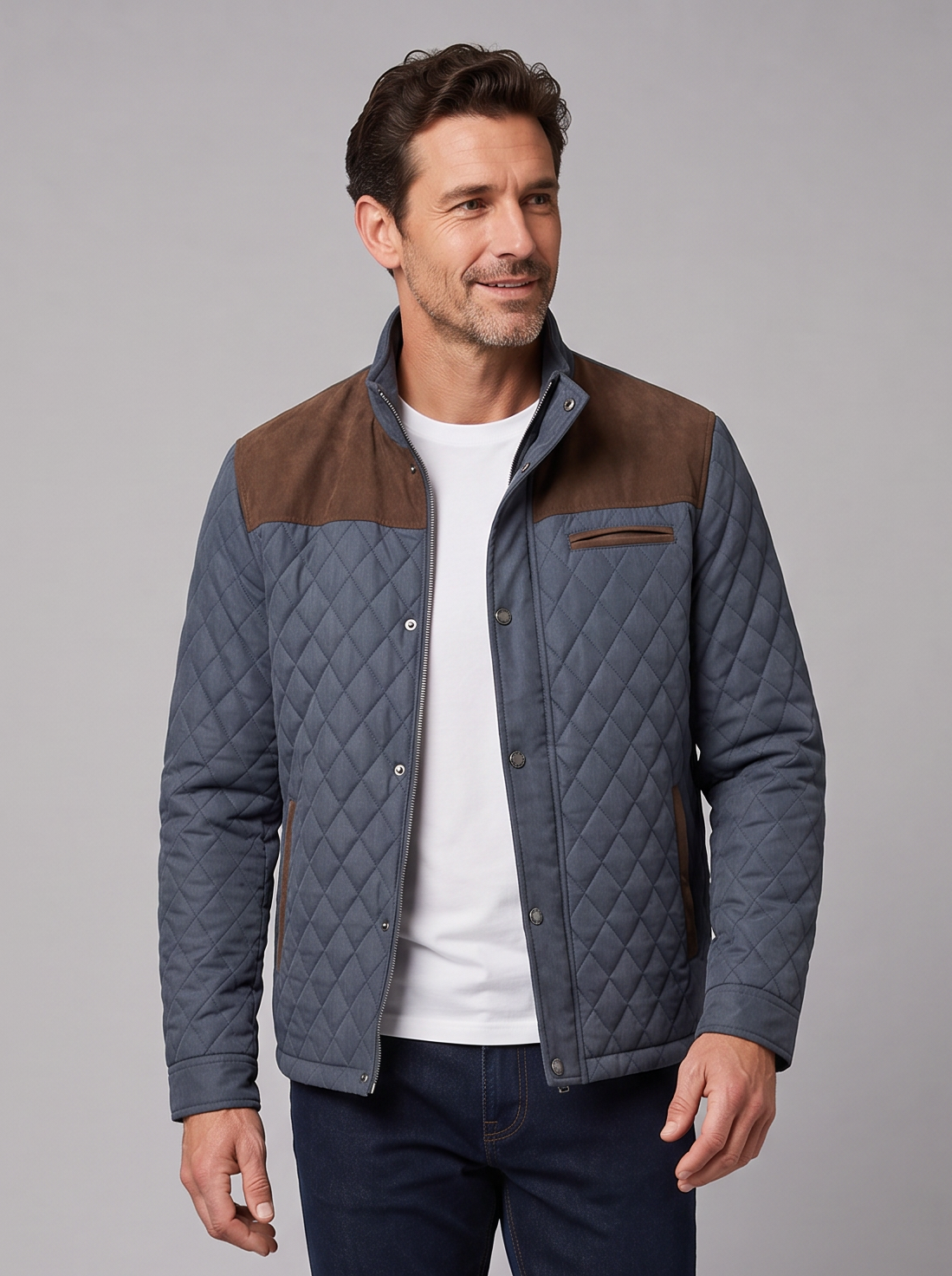 Men's Quilted Jacket – Diamond Quilted Stand Collar Jacket with Contrast Panels