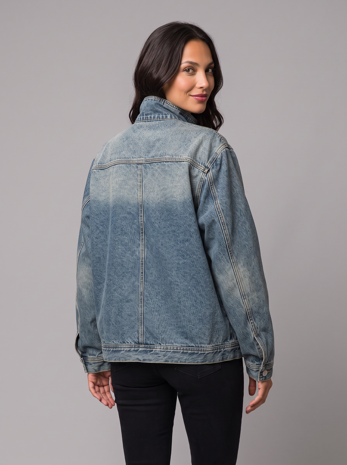 Women's Denim Jacket – Oversized High Neck Jean Jacket in Washed Blue