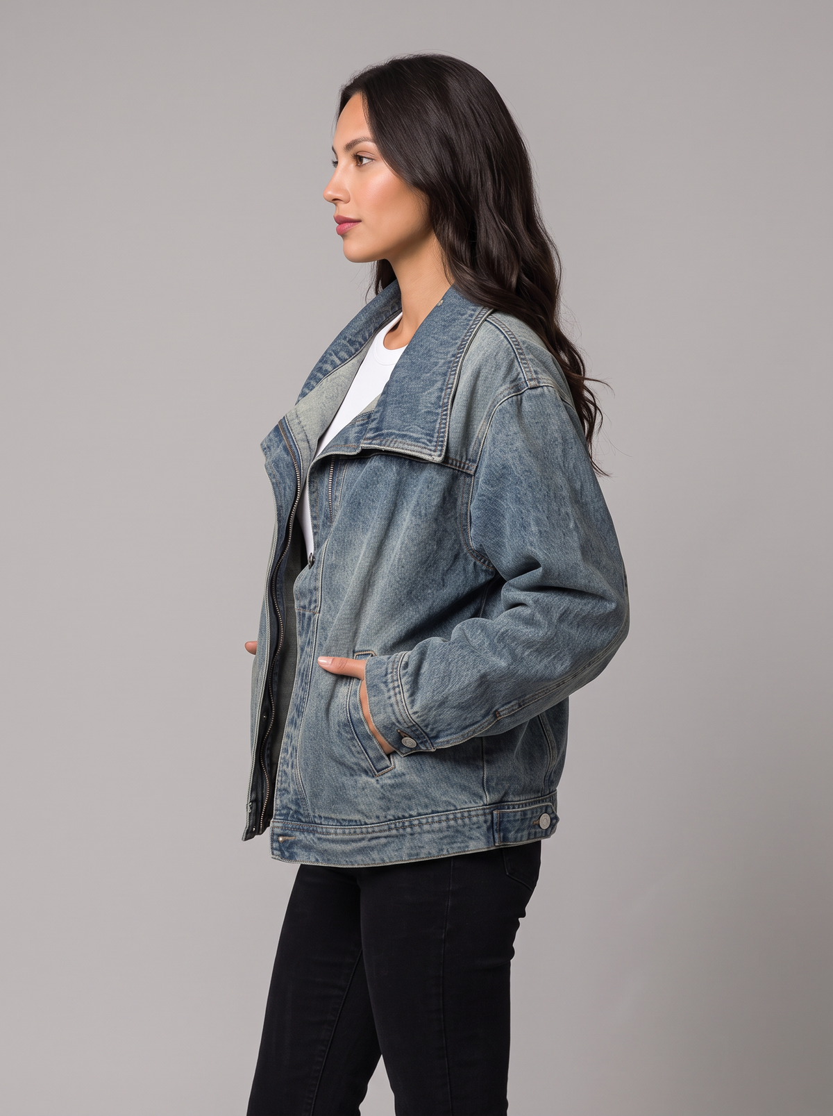 Women's Denim Jacket – Oversized High Neck Jean Jacket in Washed Blue