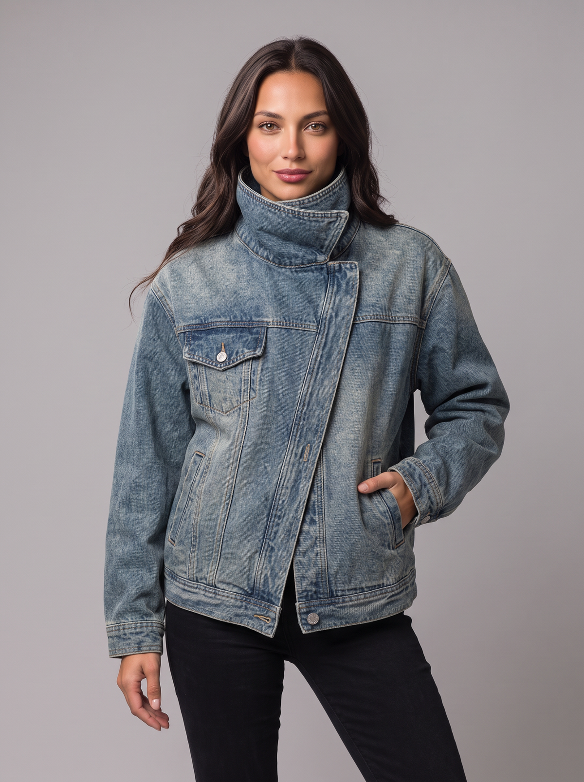 Women's Denim Jacket – Oversized High Neck Jean Jacket in Washed Blue