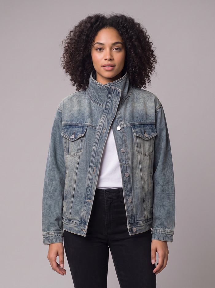 Women's Denim Jacket in Washed Blue – front view