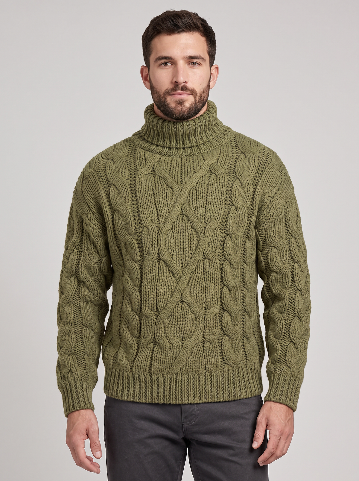 Men's Cable Knit Jumper in Green – front view