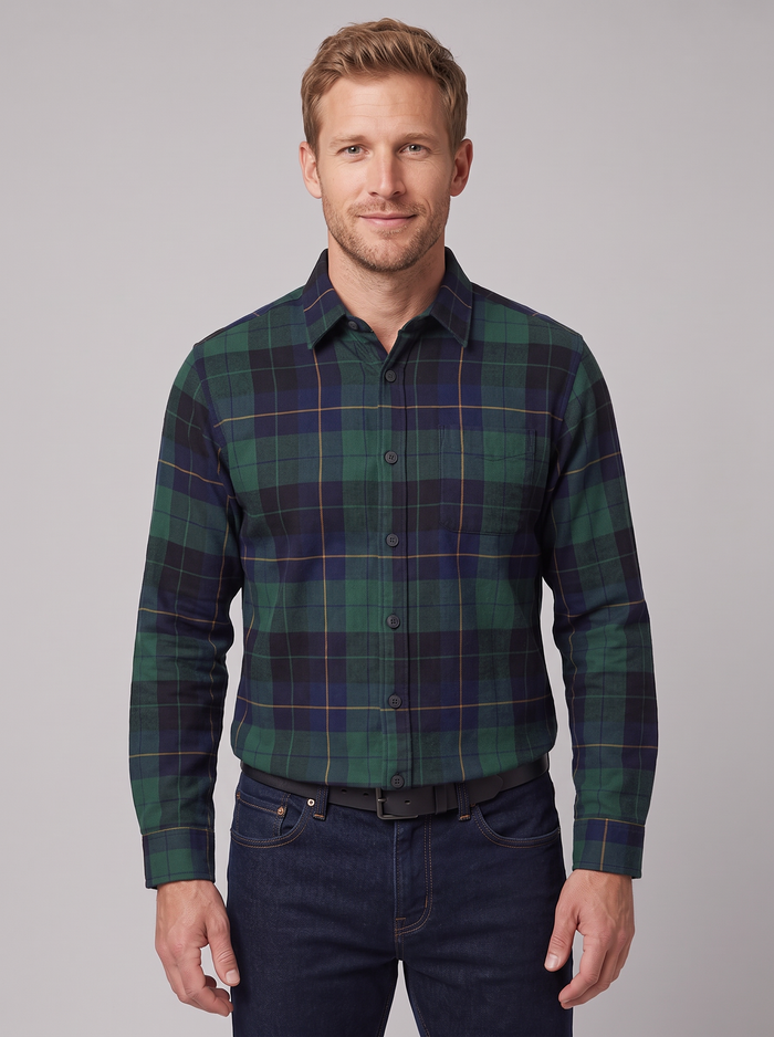 Men's Flannel Shirt in Black Watch – front view