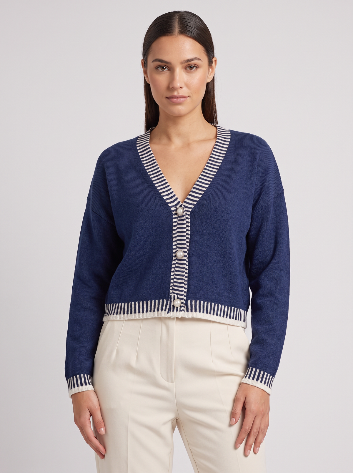 Women's Cropped Cardigan in Navy – front view
