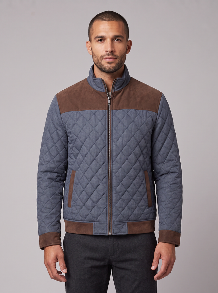 Men's Quilted Jacket in Brown and Blue – front view