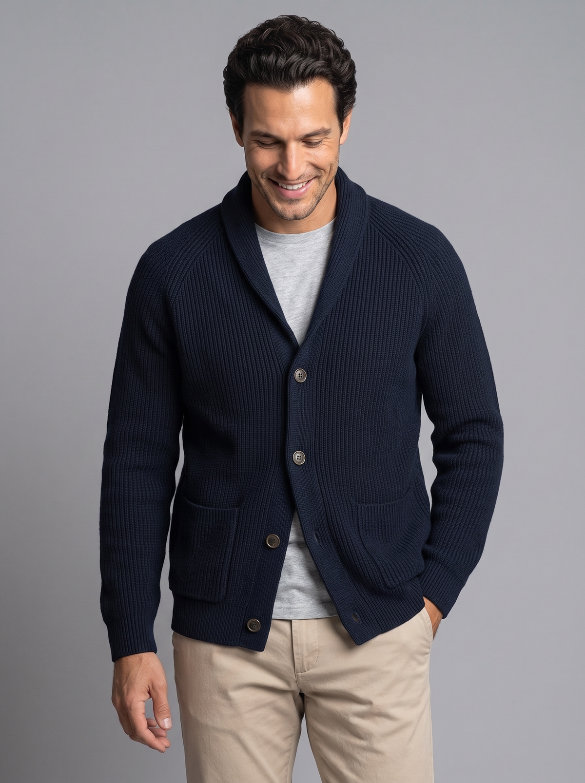 Men's Shawl Collar Cardigan – Ribbed Knit Button Cardigan with Pockets