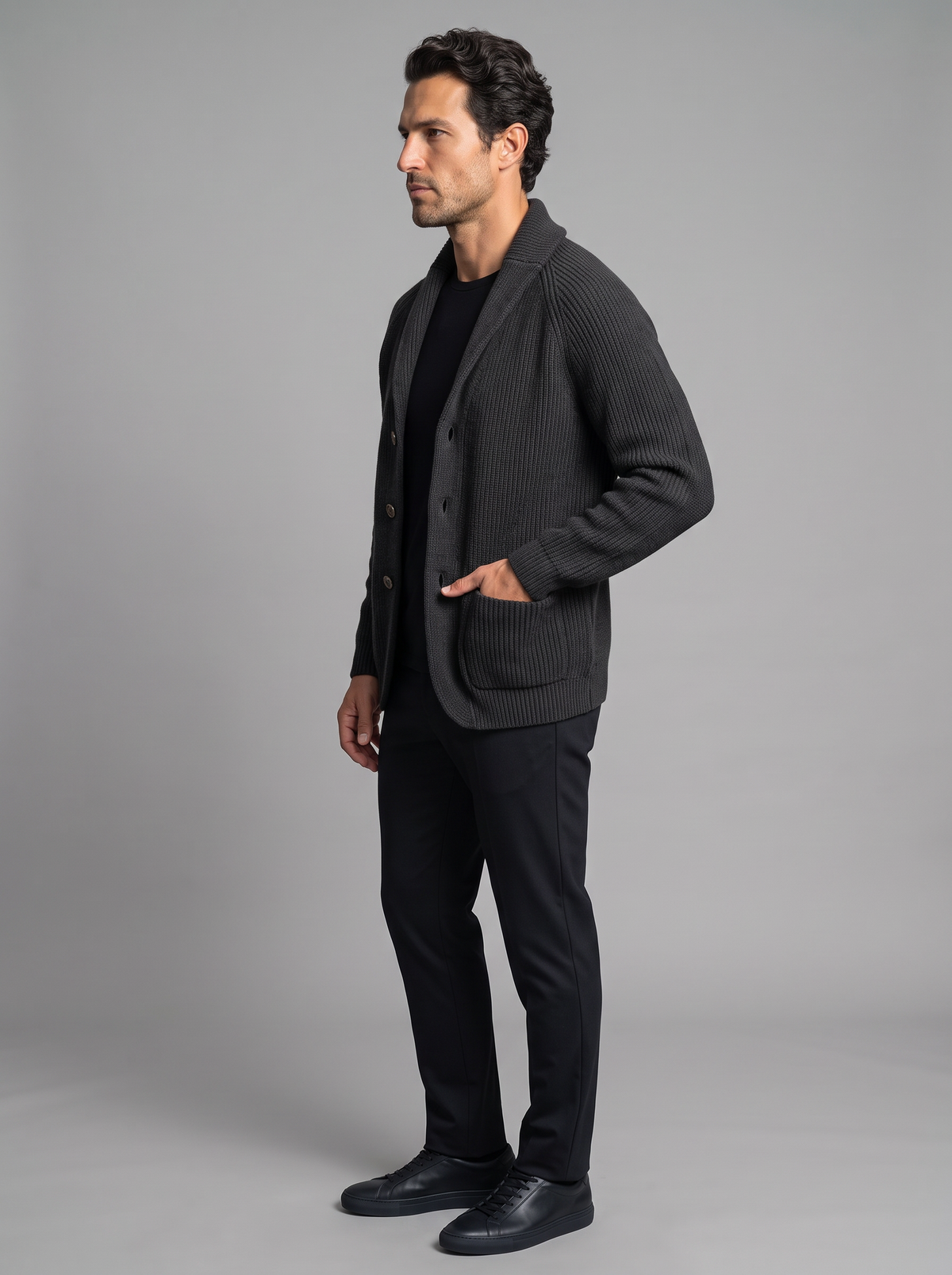 Men's Shawl Collar Cardigan – Ribbed Knit Button Cardigan with Pockets