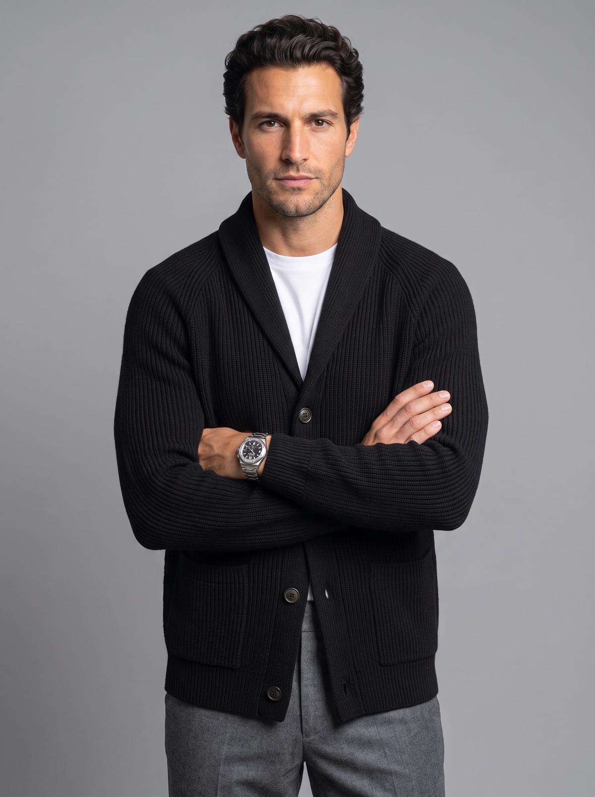 Men's Shawl Collar Cardigan – Ribbed Knit Button Cardigan with Pockets