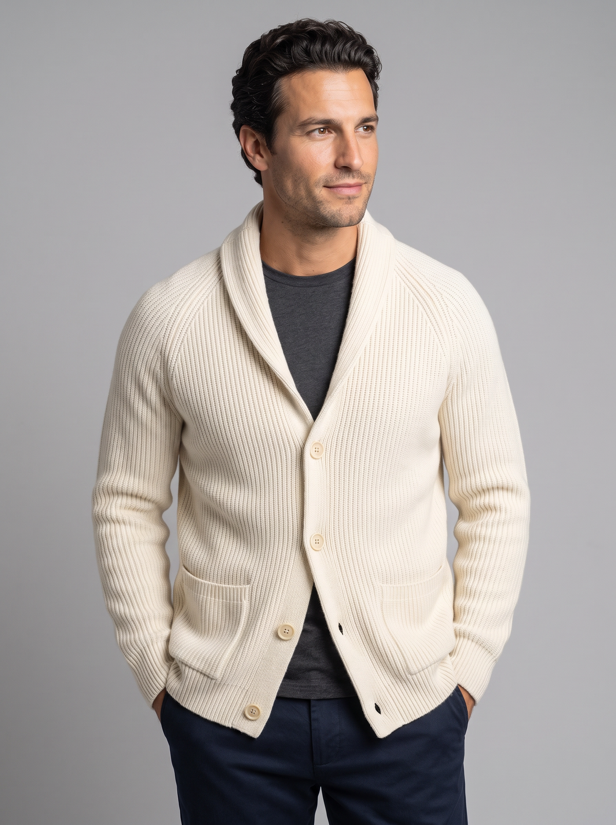 Men's Shawl Collar Cardigan – Ribbed Knit Button Cardigan with Pockets
