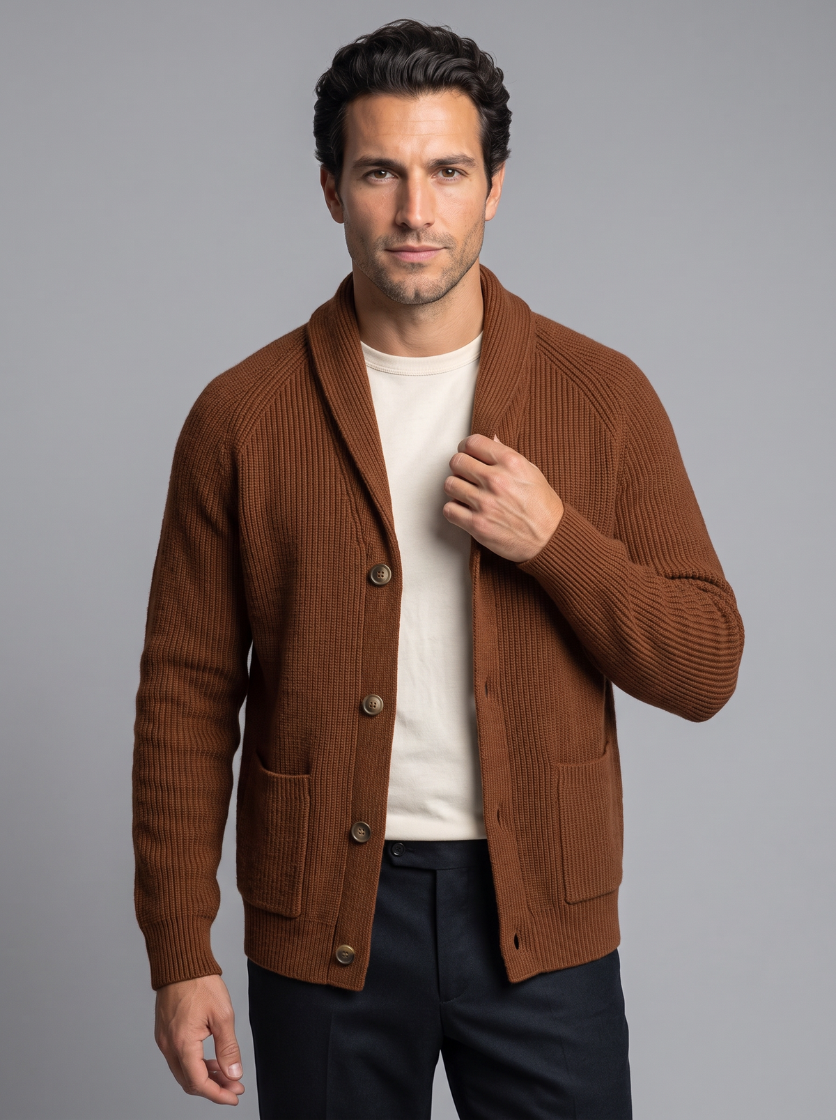 Men's Shawl Collar Cardigan – Ribbed Knit Button Cardigan with Pockets