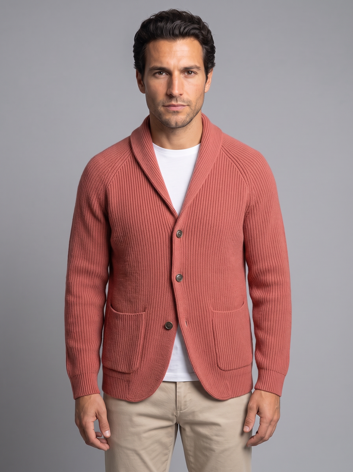 Men's Shawl Collar Cardigan – Ribbed Knit Button Cardigan with Pockets