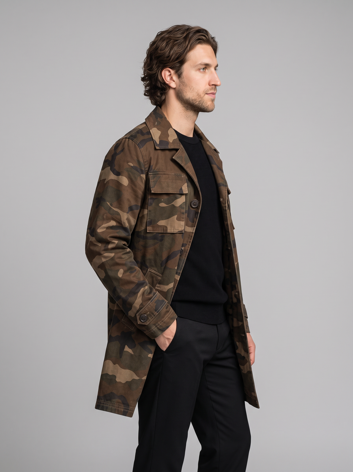 Men's Trench Coat – Camo Print Cargo Coat with Flap Pockets