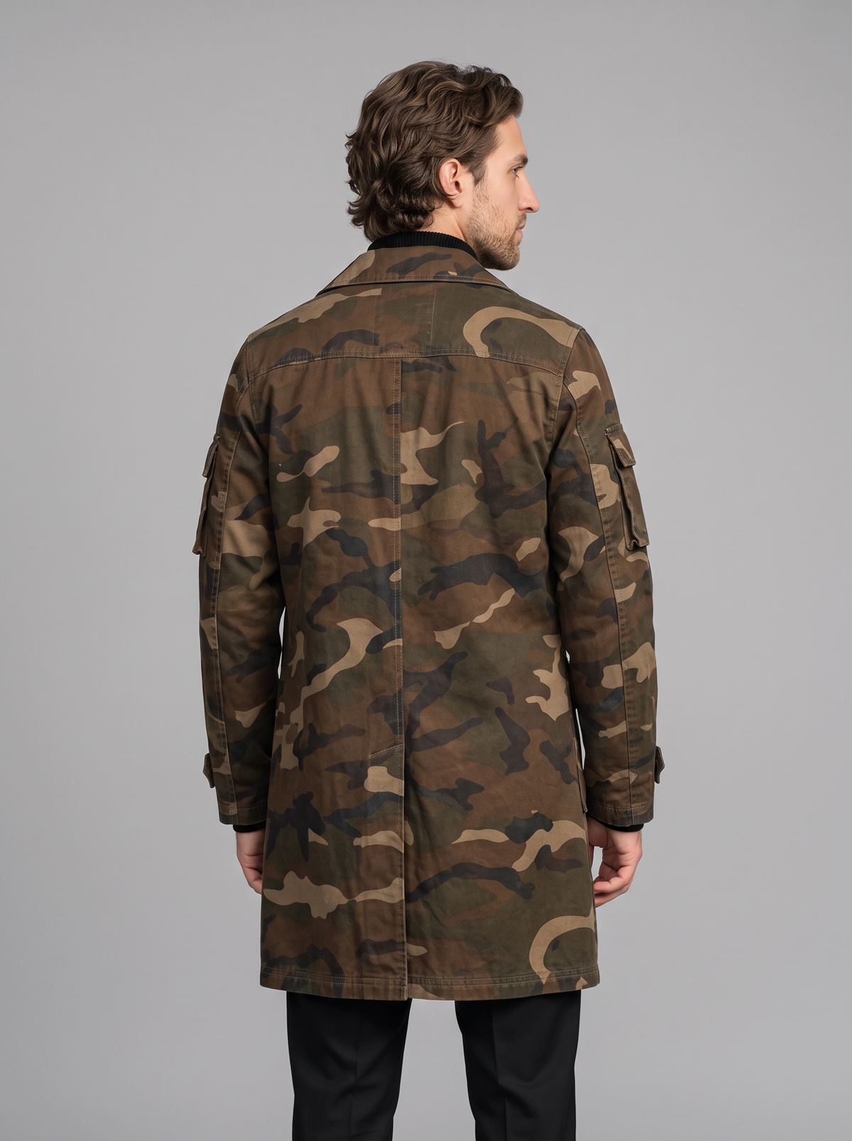 Men's Trench Coat – Camo Print Cargo Coat with Flap Pockets