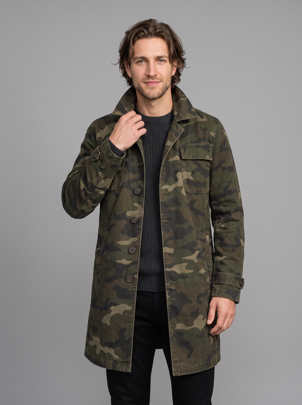 Men's Trench Coat – Camo Print Cargo Coat with Flap Pockets