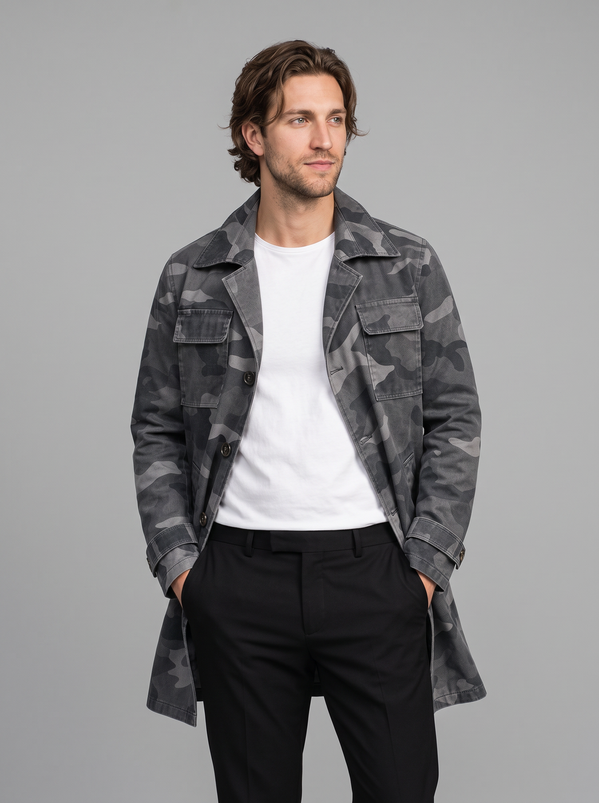 Men's Trench Coat – Camo Print Cargo Coat with Flap Pockets