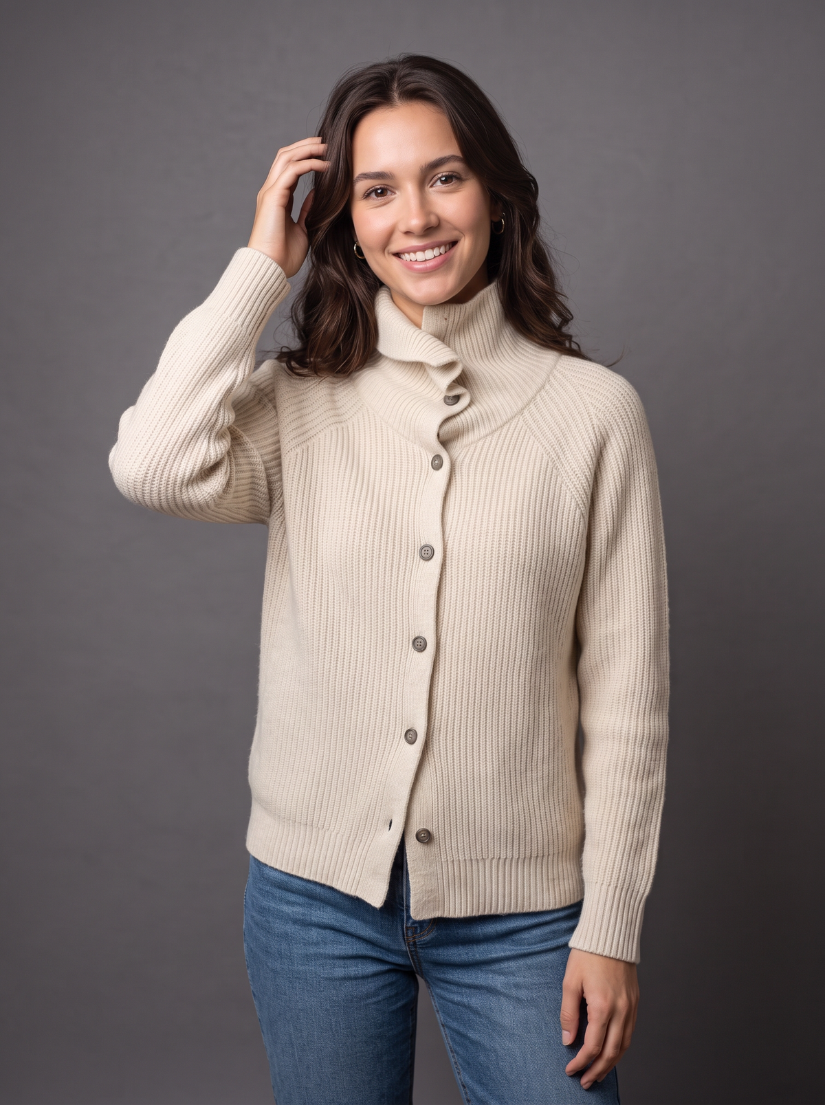 Women's Wool Cashmere Cardigan – Ribbed Funnel Neck Button Knit