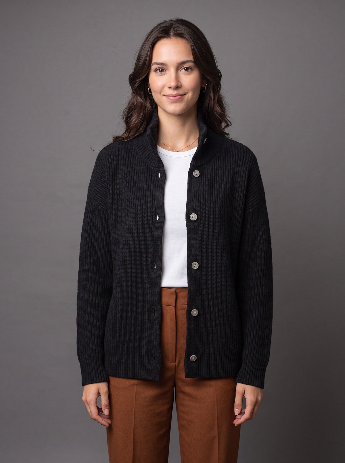 Women's Wool Cashmere Cardigan – Ribbed Funnel Neck Button Knit