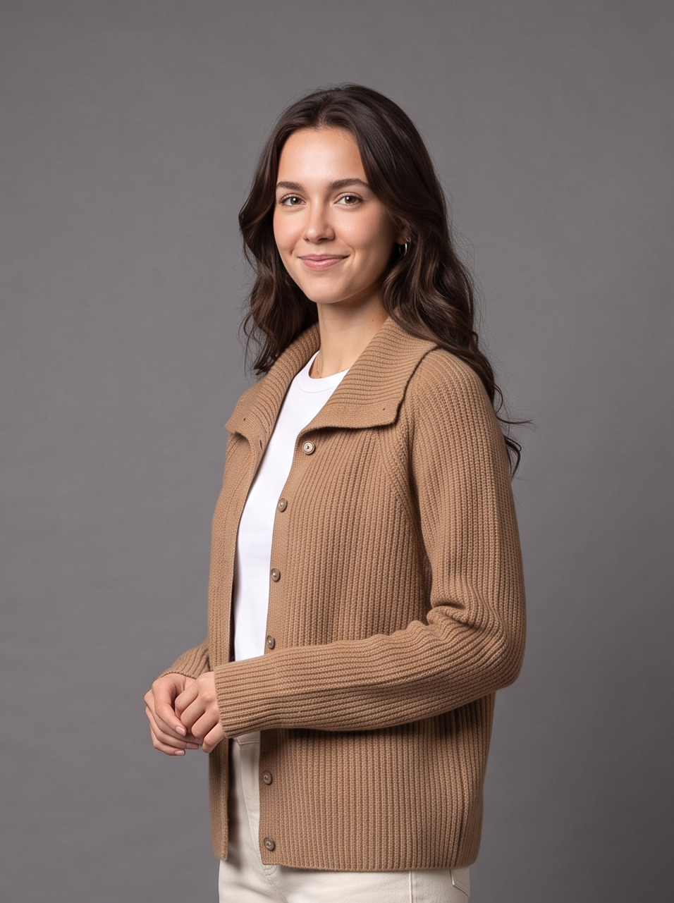 Women's Wool Cashmere Cardigan – Ribbed Funnel Neck Button Knit