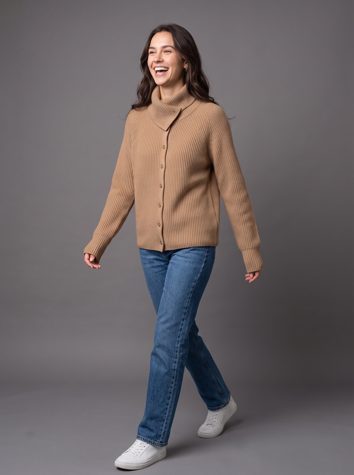 Women's Wool Cashmere Cardigan – Ribbed Funnel Neck Button Knit