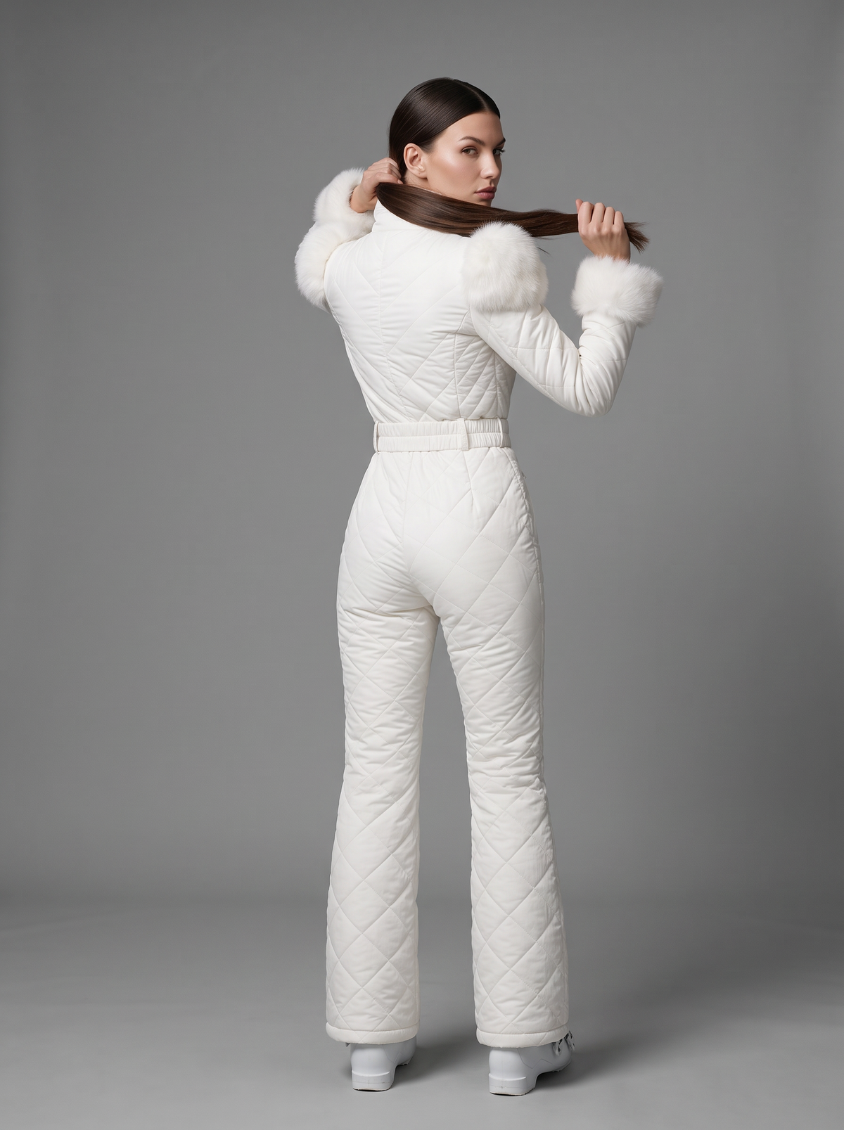 Women's Ski Suit – Quilted One-Piece with Belted Waist & Faux Fur Trim