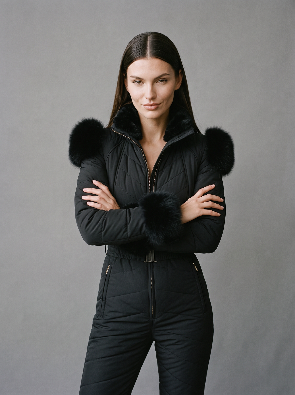 Women's Ski Suit – Quilted One-Piece with Belted Waist & Faux Fur Trim