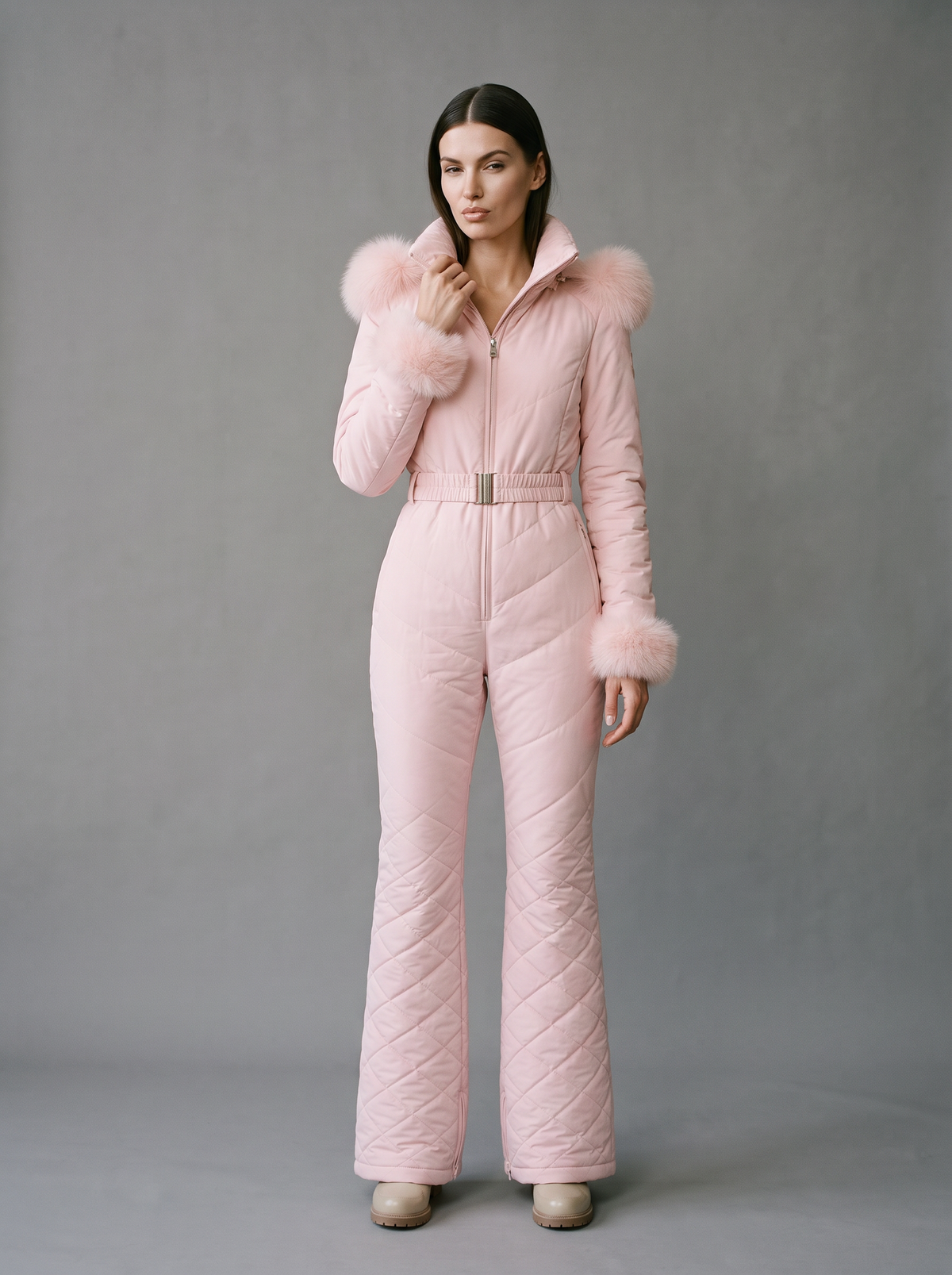 Women's Ski Suit – Quilted One-Piece with Belted Waist & Faux Fur Trim
