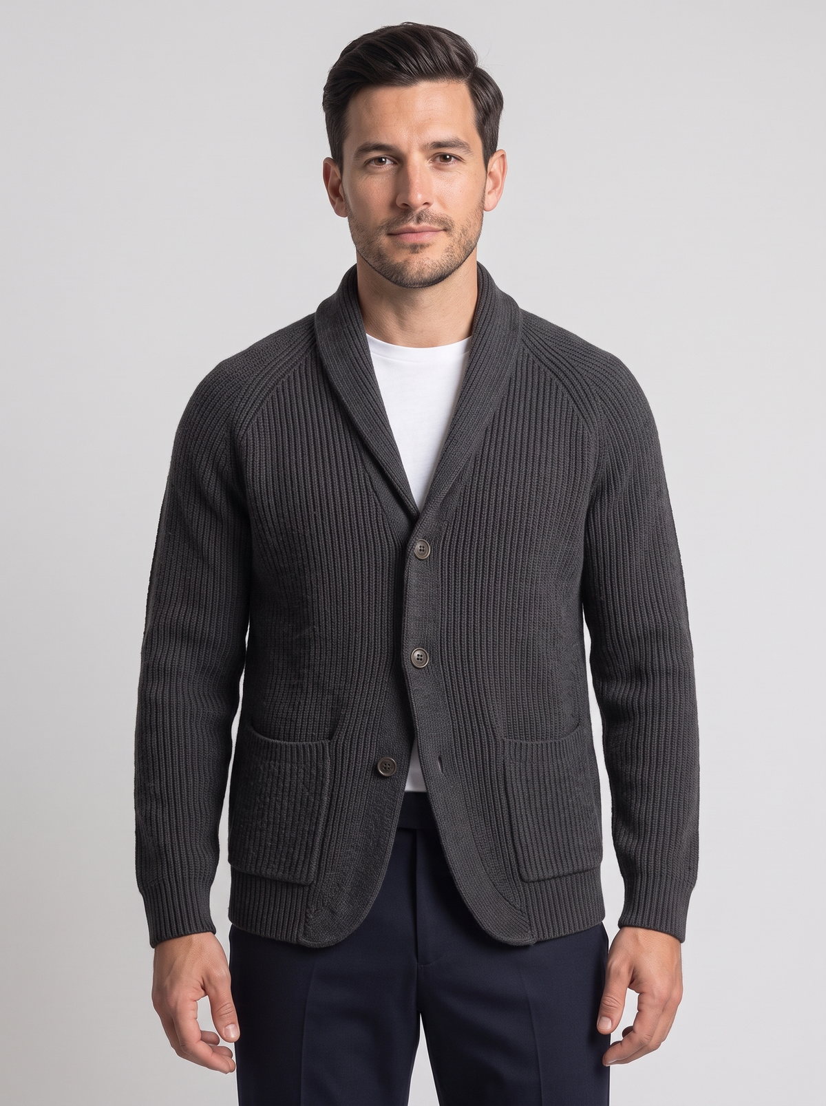 Men's Shawl Collar Cardigan in Grey – front view