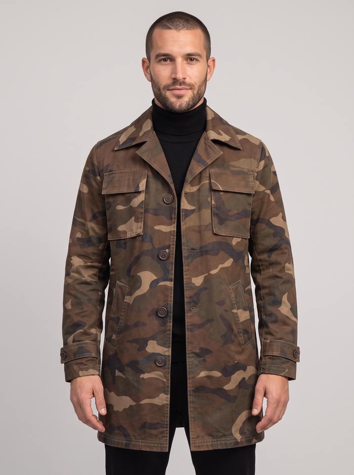 Men's Camo Trench Coat in Brown – front view