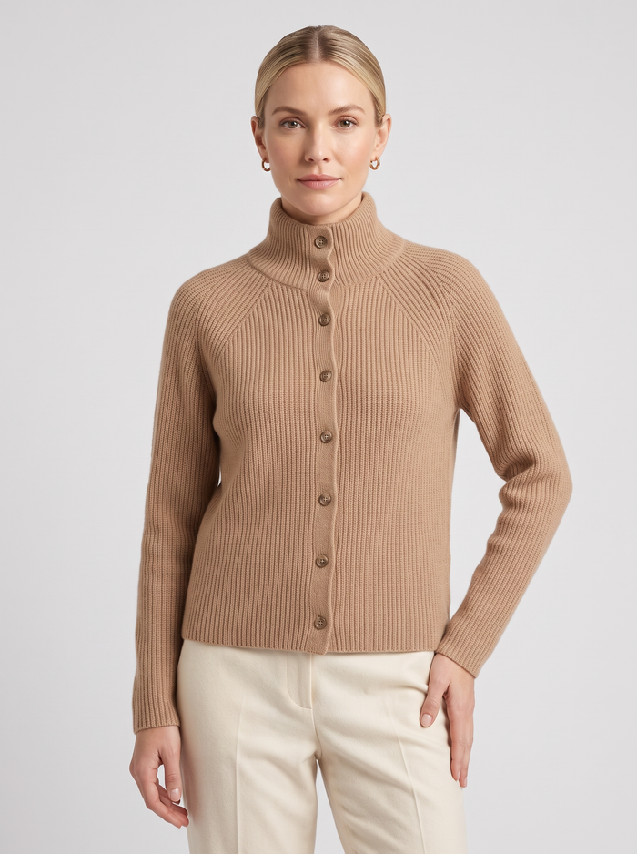 Women's Wool Cashmere Cardigan in Camel – front view
