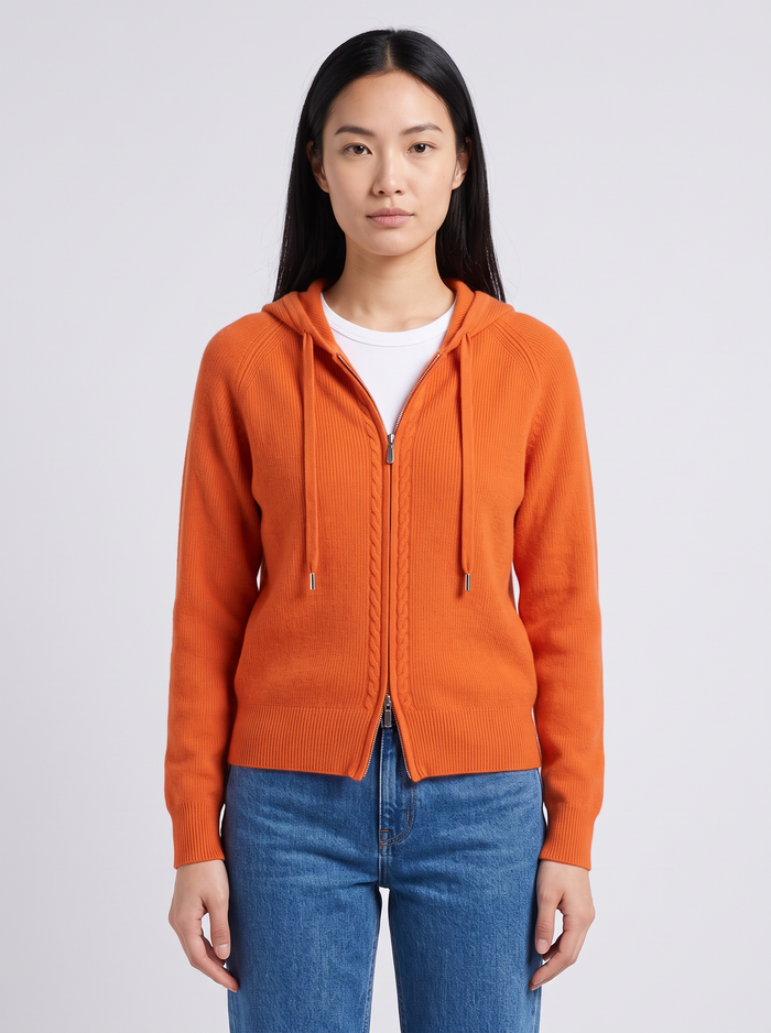 Women's Zip Up Hooded Cardigan in Orange – front view