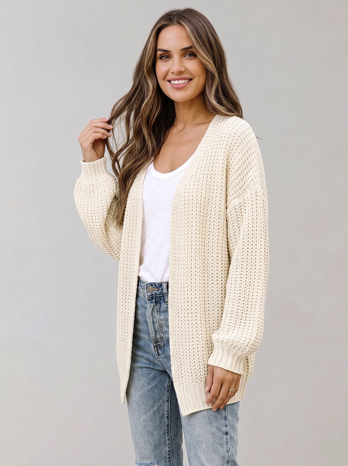 Women's Oversized Waffle Knit Cardigan – Open Front