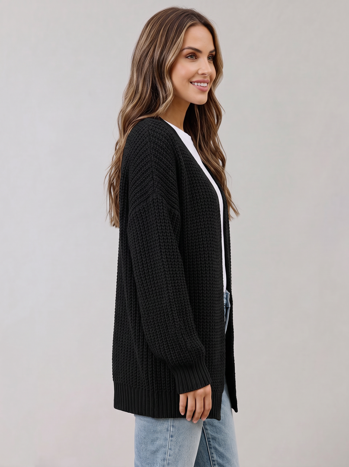 Women's Oversized Waffle Knit Cardigan – Open Front