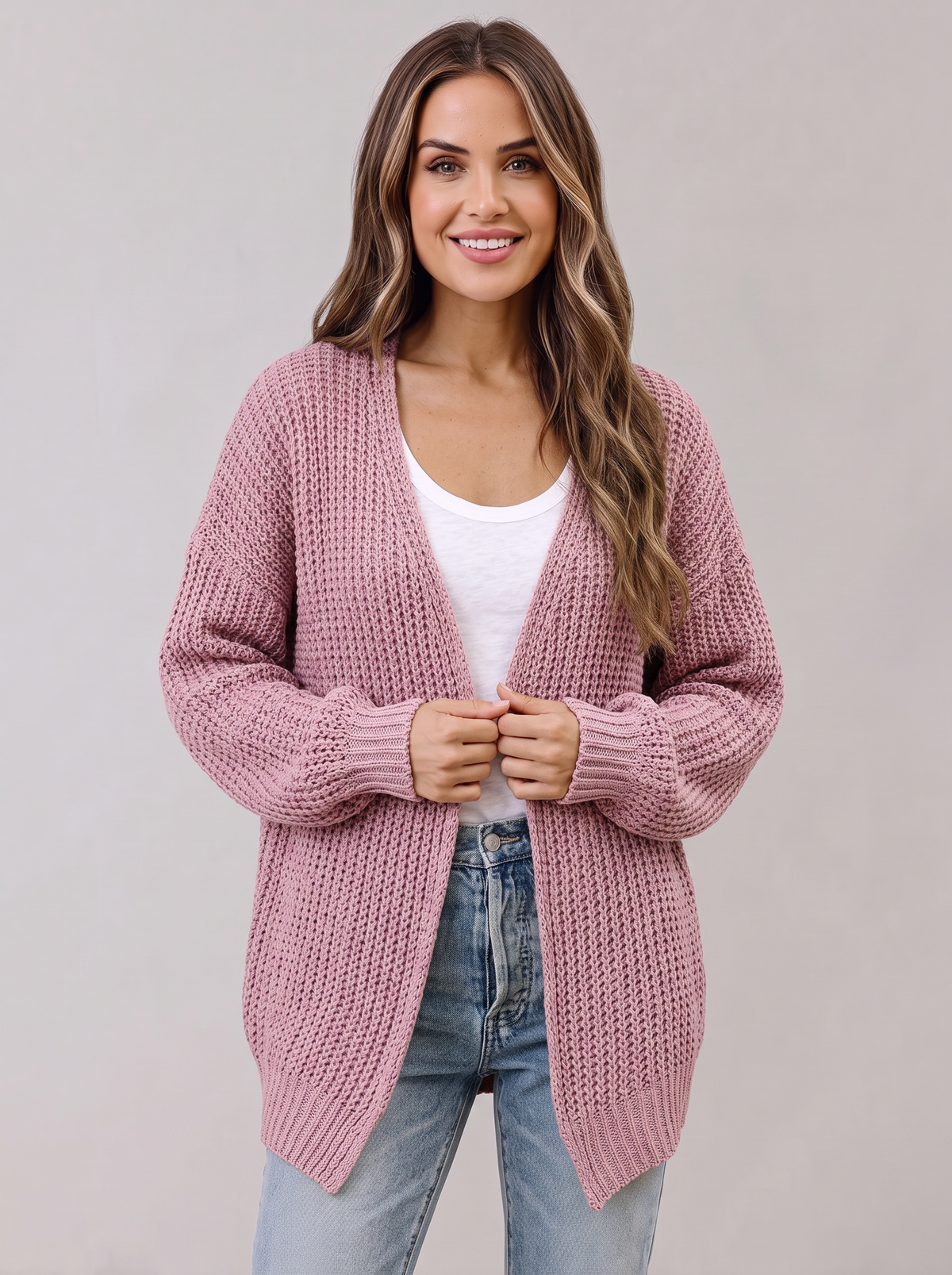 Women's Oversized Waffle Knit Cardigan – Open Front