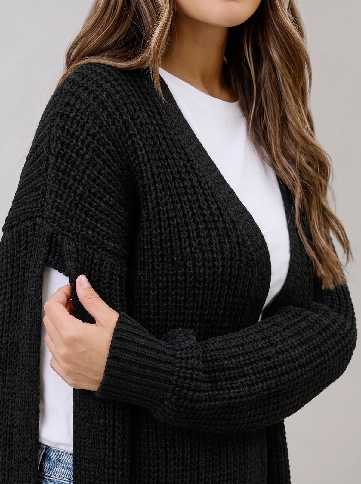 Women's Oversized Waffle Knit Cardigan – Open Front