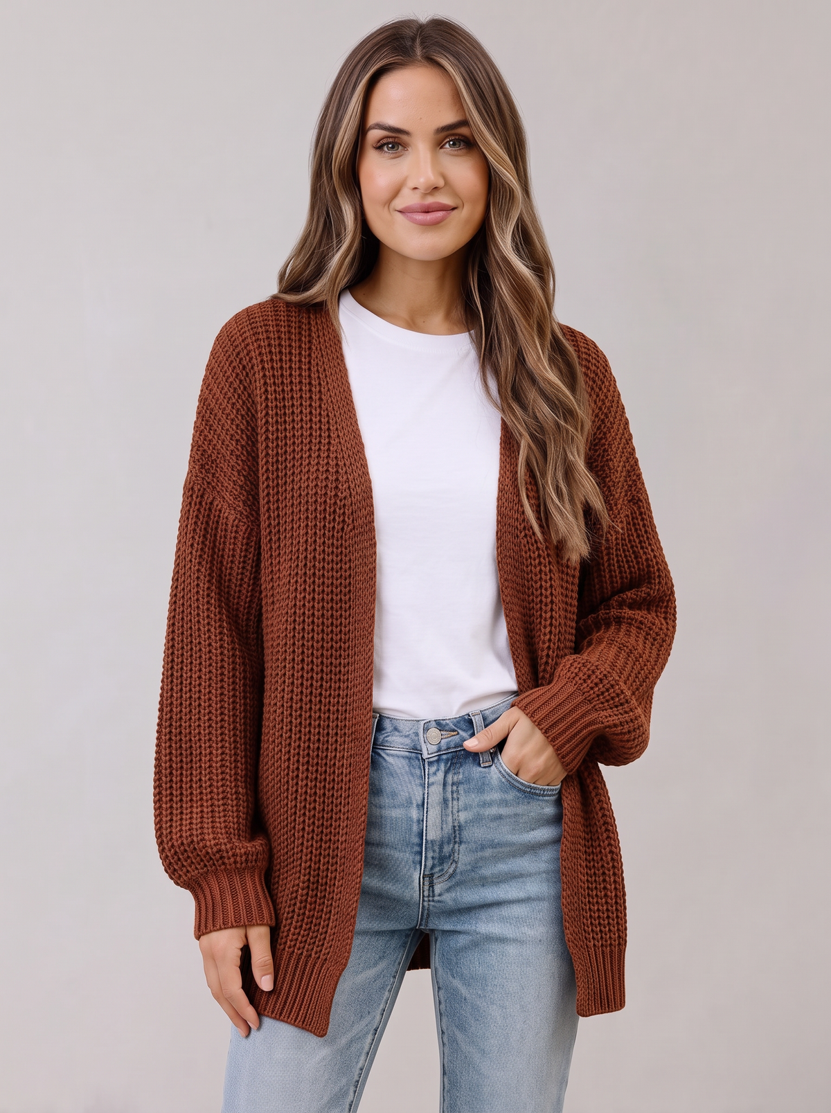 Women's Oversized Waffle Knit Cardigan – Open Front