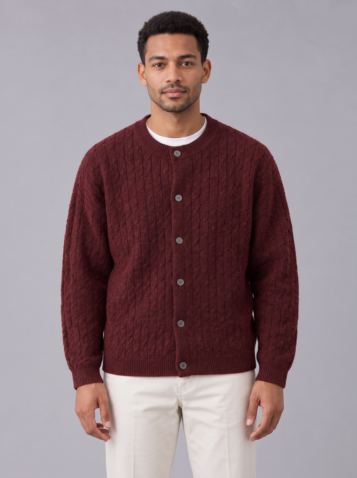 Men's Chunky Cable Cardigan – Crew Neck Button Knit