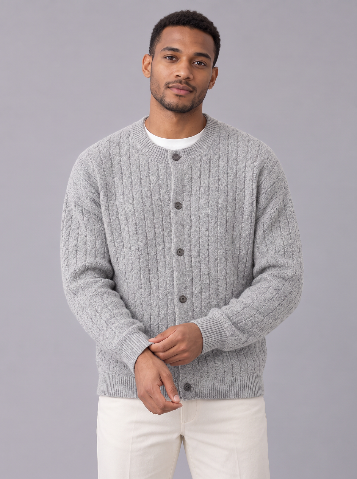 Men's Chunky Cable Cardigan – Crew Neck Button Knit