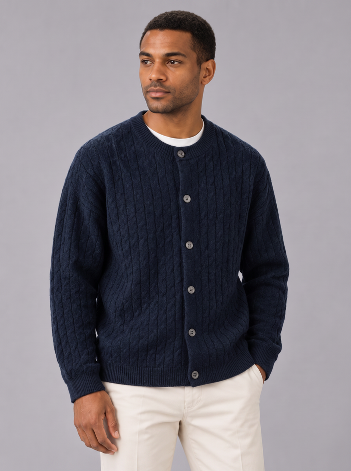 Men's Chunky Cable Cardigan – Crew Neck Button Knit