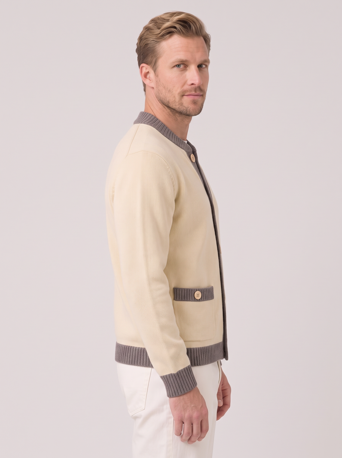 Men's Two-Tone Knit Cardigan – Button Front with Pockets