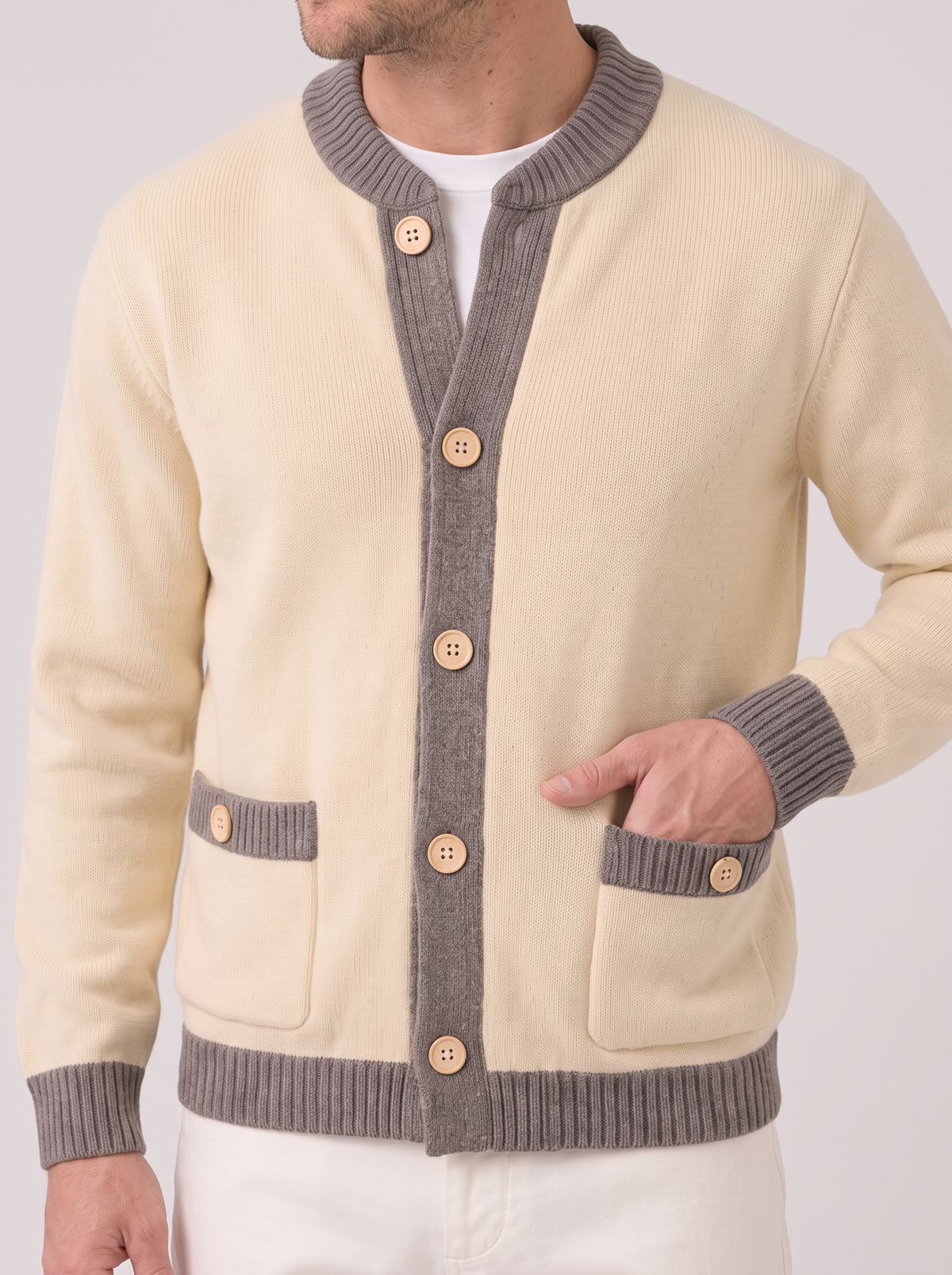 Men's Two-Tone Knit Cardigan – Button Front with Pockets