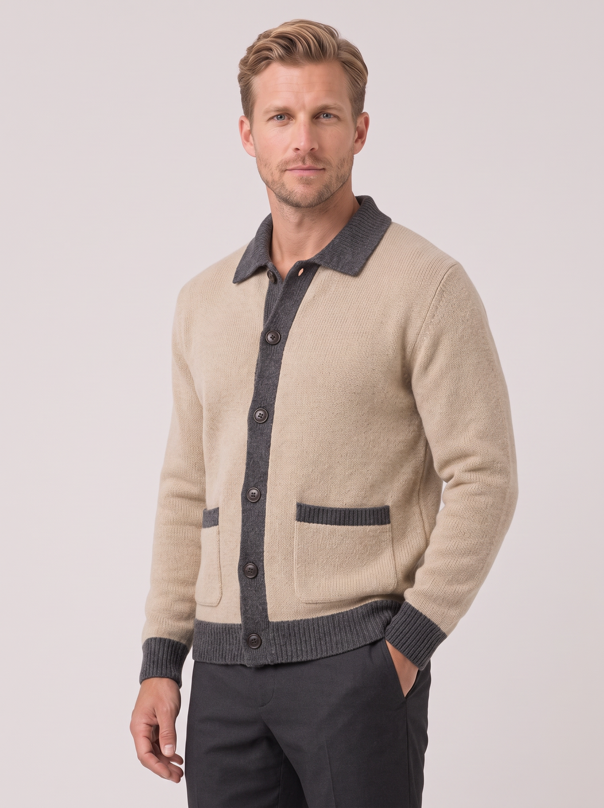 Men's Two-Tone Knit Cardigan – Button Front with Pockets