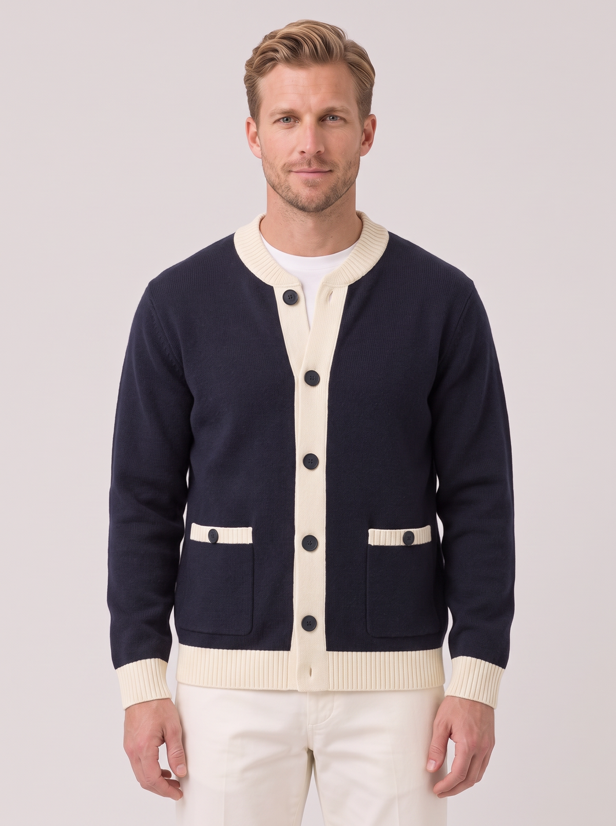 Men's Two-Tone Knit Cardigan – Button Front with Pockets