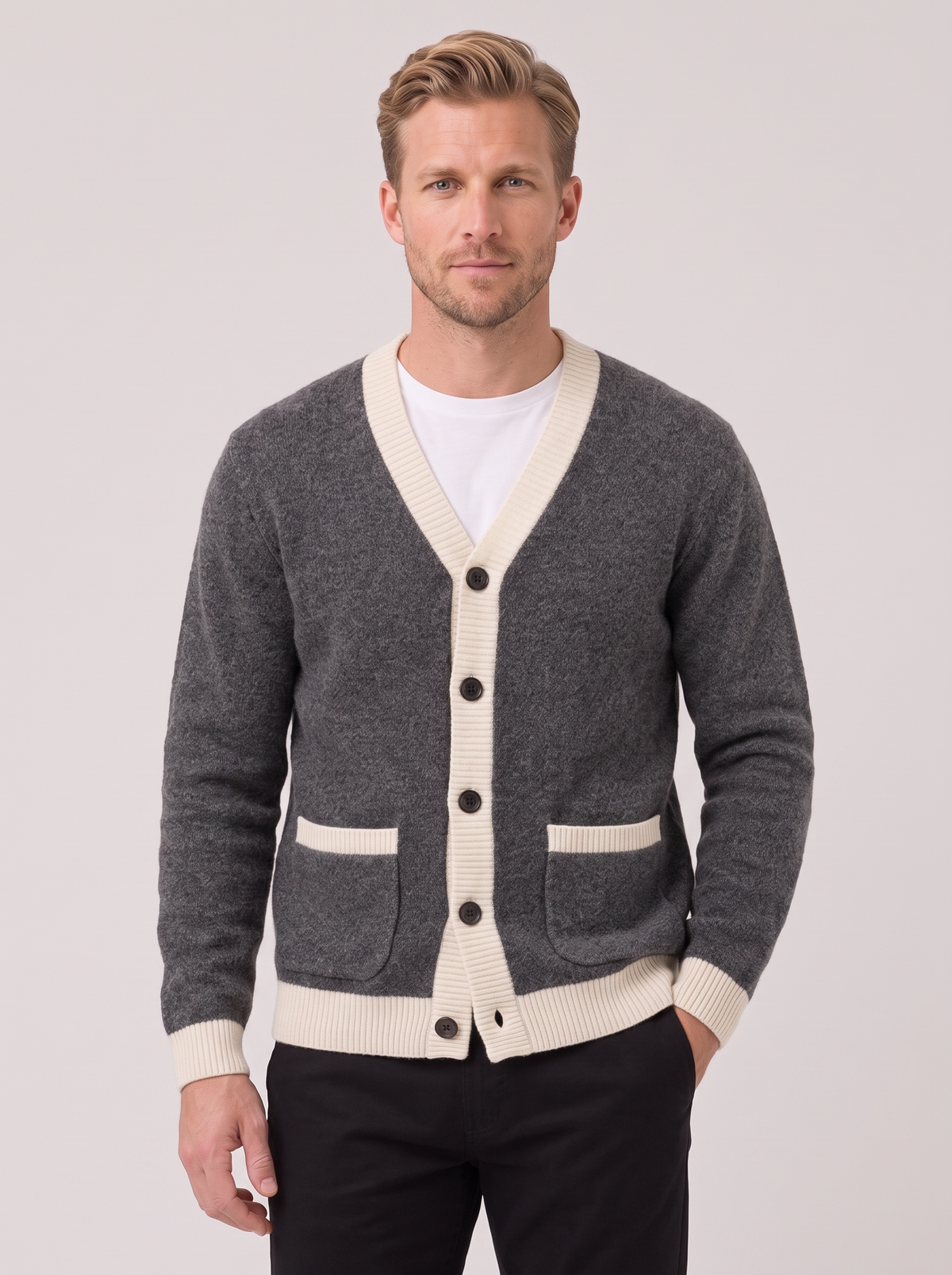 Men's Two-Tone Knit Cardigan – Button Front with Pockets